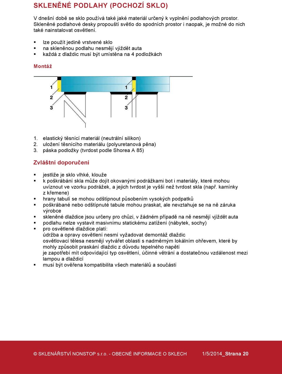 ka'dá z dla'dic musí b"t umíst&na na 4 podlo'kách Montá/ 1. elastick" t&snící materiál (neutrální silikon) 2. ulo'ení t&snícího materiálu (polyuretanová p&na) 3.