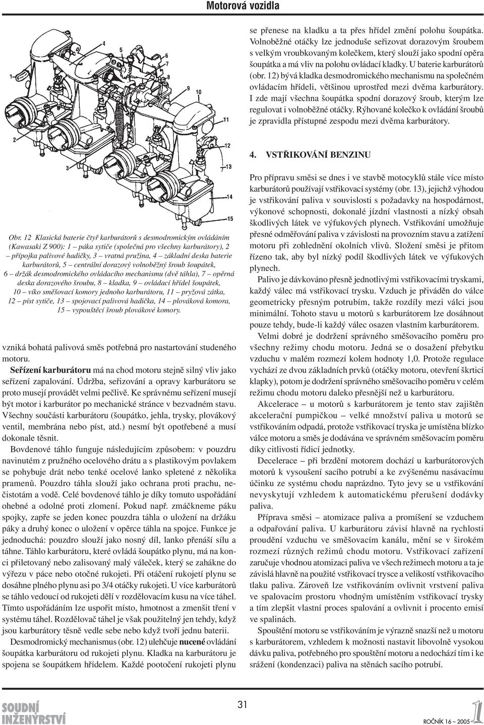 12) bývá kladka desmodromického mechanismu na společném ovládacím hřídeli, většinou uprostřed mezi dvěma karburátory.