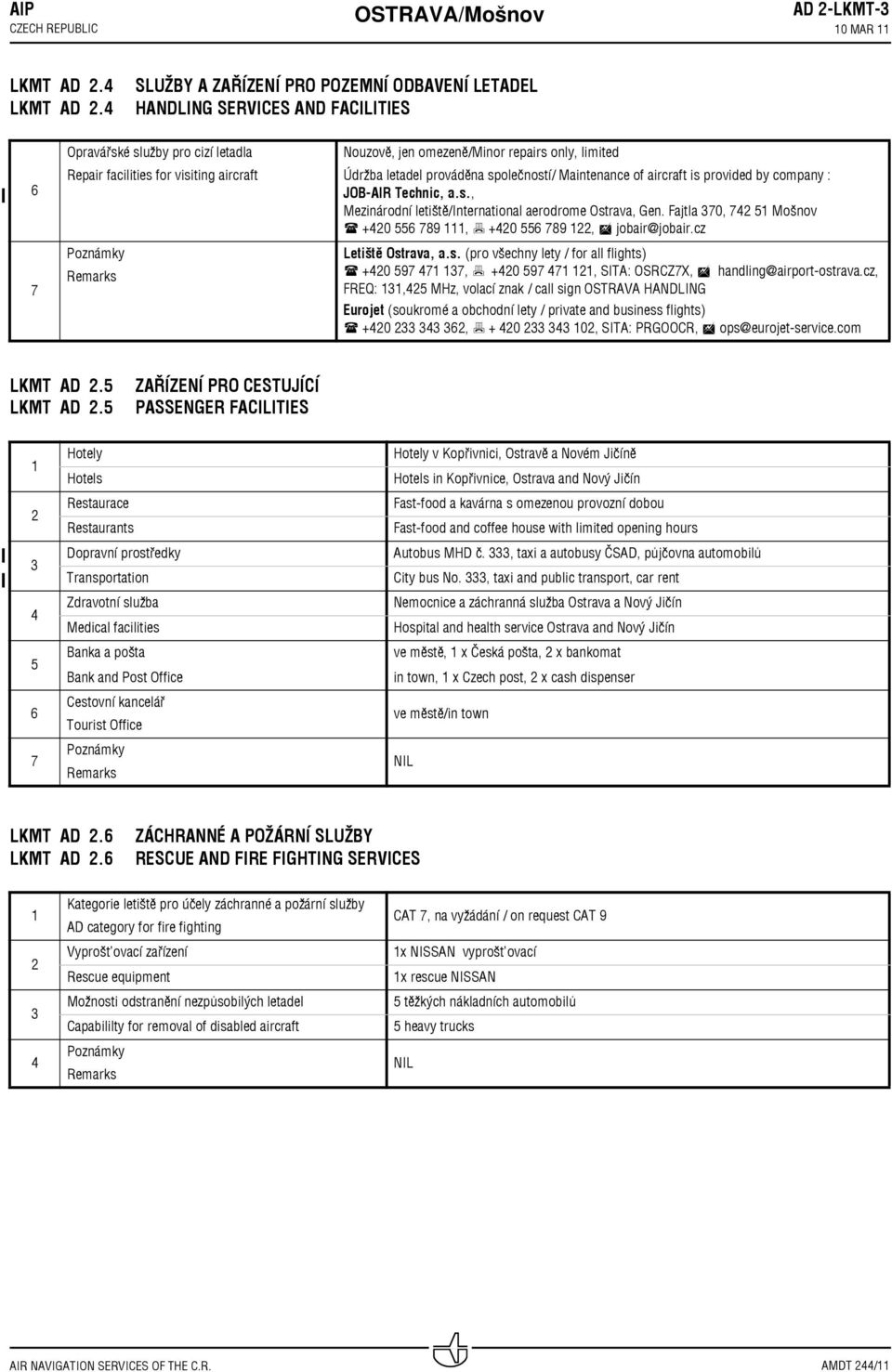 SLUŽBY A ZAŘÍZENÍ PRO POZEMNÍ ODBAVENÍ LETADEL HANDLING SERVICES AND FACILITIES Opravářské služby pro cizí letadla Repair facilities for visiting aircraft Nouzově, jen omezeně/minor repairs only,