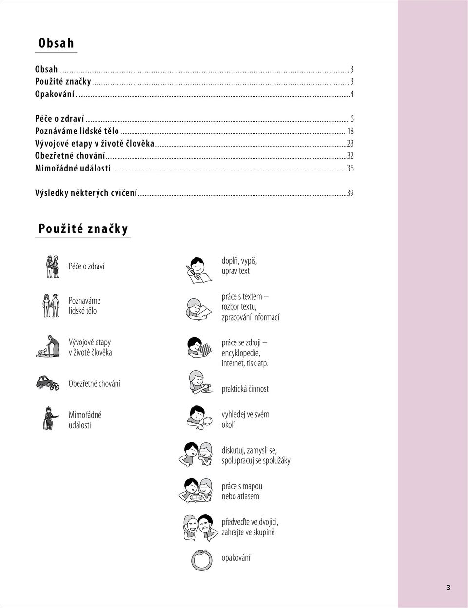 ..39 Použité značk y Péče o zdraví Poznaváme lidské tělo Vývojové etapy v životě člověka Obezřetné chování Mimořádné události doplň, vypiš,.