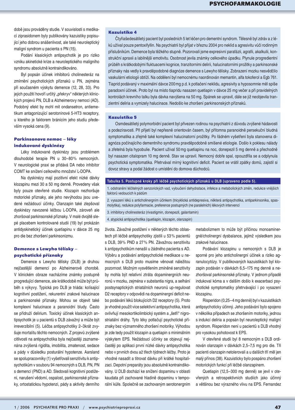 Byl popsán účinek inhibitorů cholinesteráz na zmírnění psychotických příznaků u PN, zejména při současném výskytu demence (12, 28, 33).