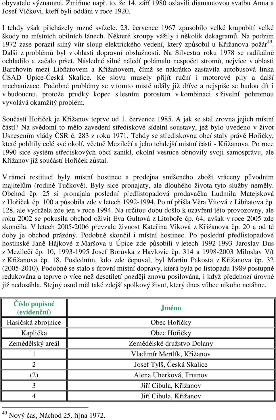 Na podzim 1972 zase porazil silný vítr sloup elektrického vedení, který způsobil u Křižanova požár 49. Další z problémů byl v oblasti dopravní obslužnosti.