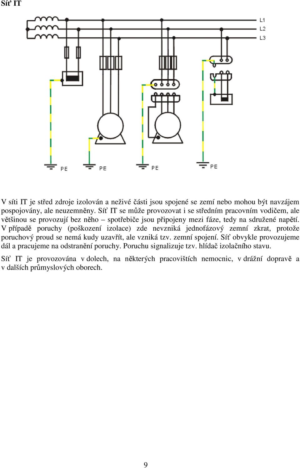 V případě poruchy (poškození izolace) zde nevzniká jednofázový zemní zkrat, protože poruchový proud se nemá kudy uzavřít, ale vzniká tzv. zemní spojení.