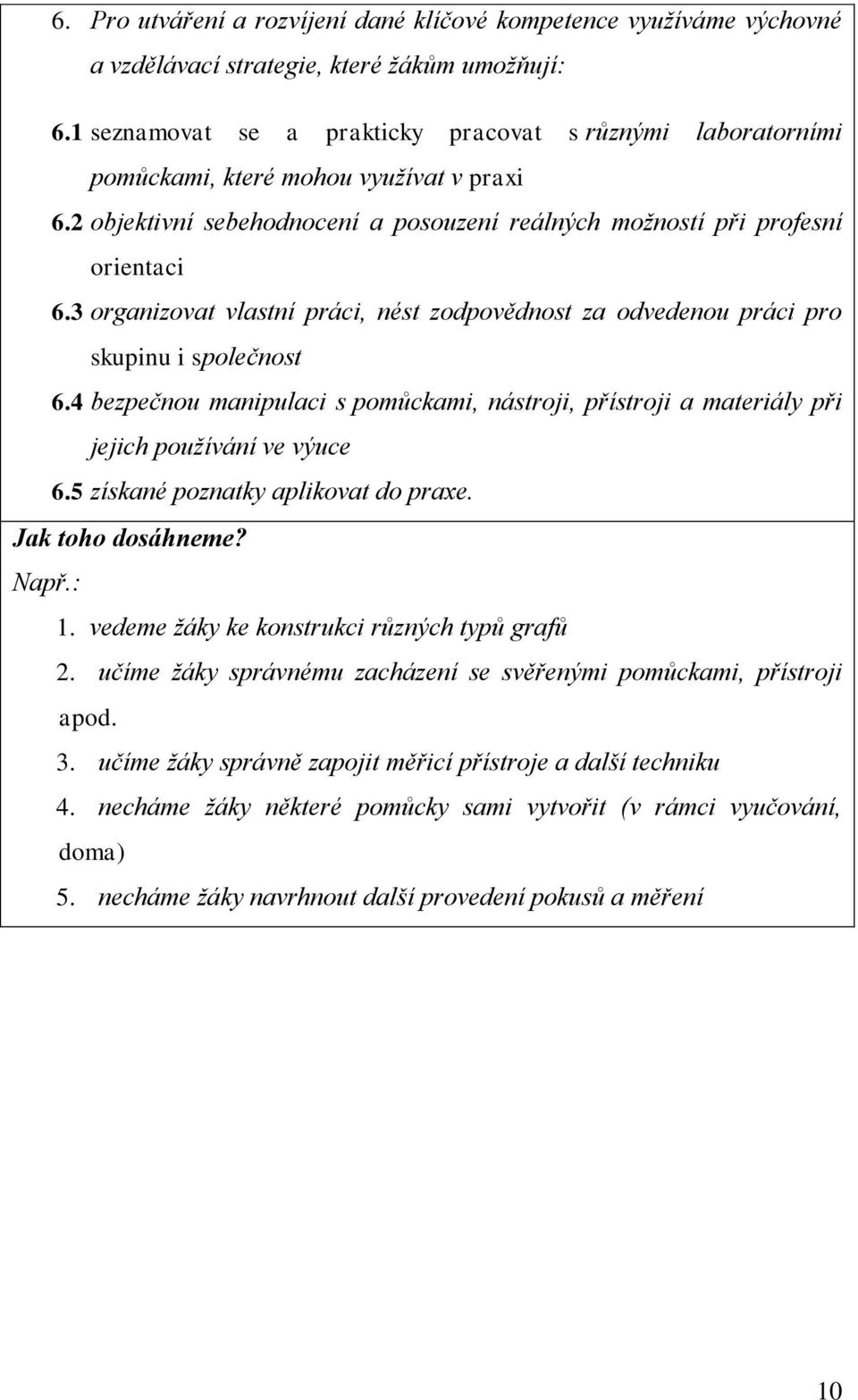 3 organizovat vlastní práci, nést zodpovědnost za odvedenou práci pro skupinu i společnost 6.4 bezpečnou manipulaci s pomůckami, nástroji, přístroji a materiály při jejich používání ve výuce 6.