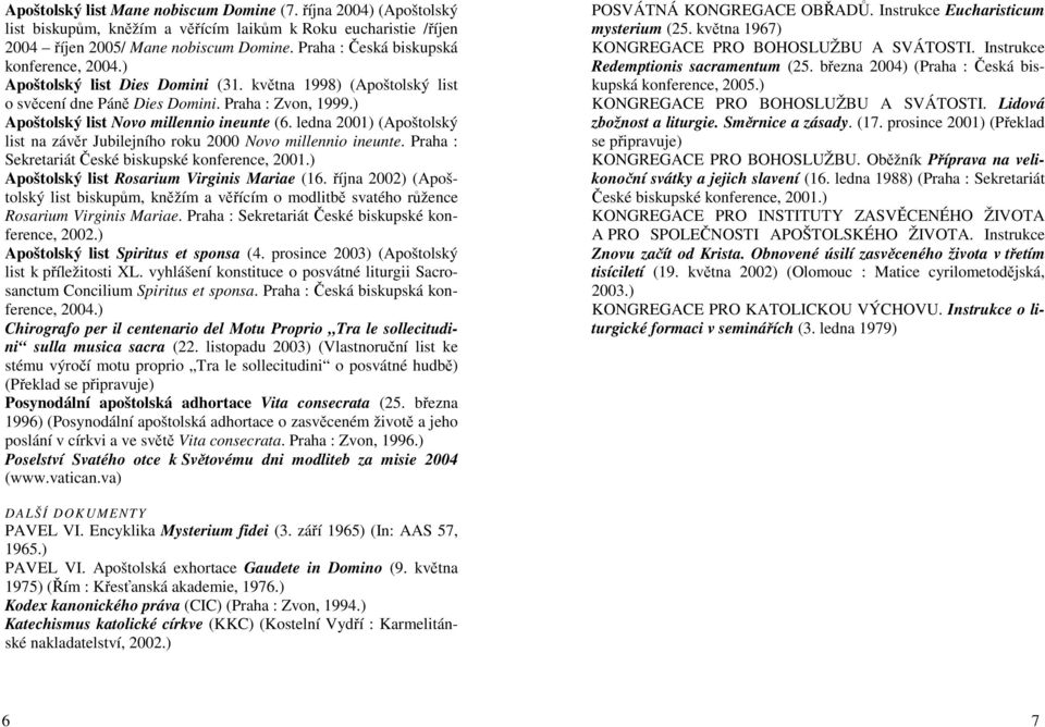 ) Apoštolský list Novo millennio ineunte (6. ledna 2001) (Apoštolský list na závěr Jubilejního roku 2000 Novo millennio ineunte. Praha : Sekretariát České biskupské konference, 2001.