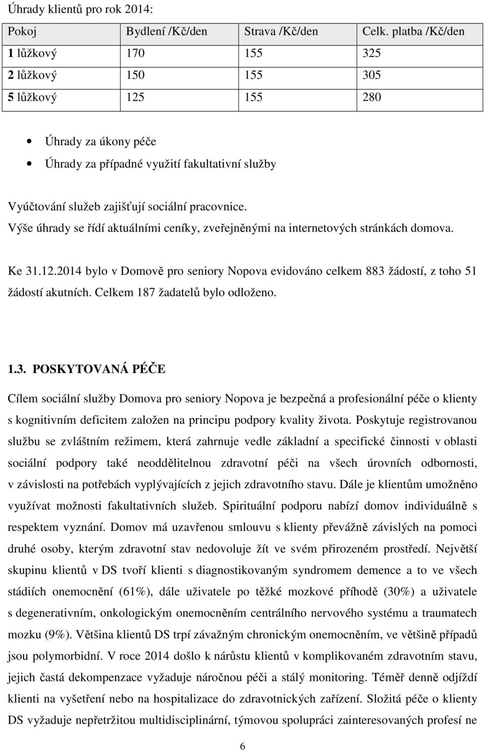 Výše úhrady se řídí aktuálními ceníky, zveřejněnými na internetových stránkách domova. Ke 31.12.2014 bylo v Domově pro seniory Nopova evidováno celkem 883 žádostí, z toho 51 žádostí akutních.