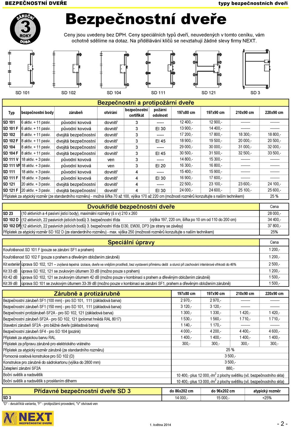 Typ SD 101 SD 102 SD 104 SD 111 SD 121 SD 3 bezpečnostní body zárubeň otvírání Bezpečnostní a protipožární dveře bezpečnostní certifikát požární odolnost SD 101 6 aktiv. + 11 pasiv.