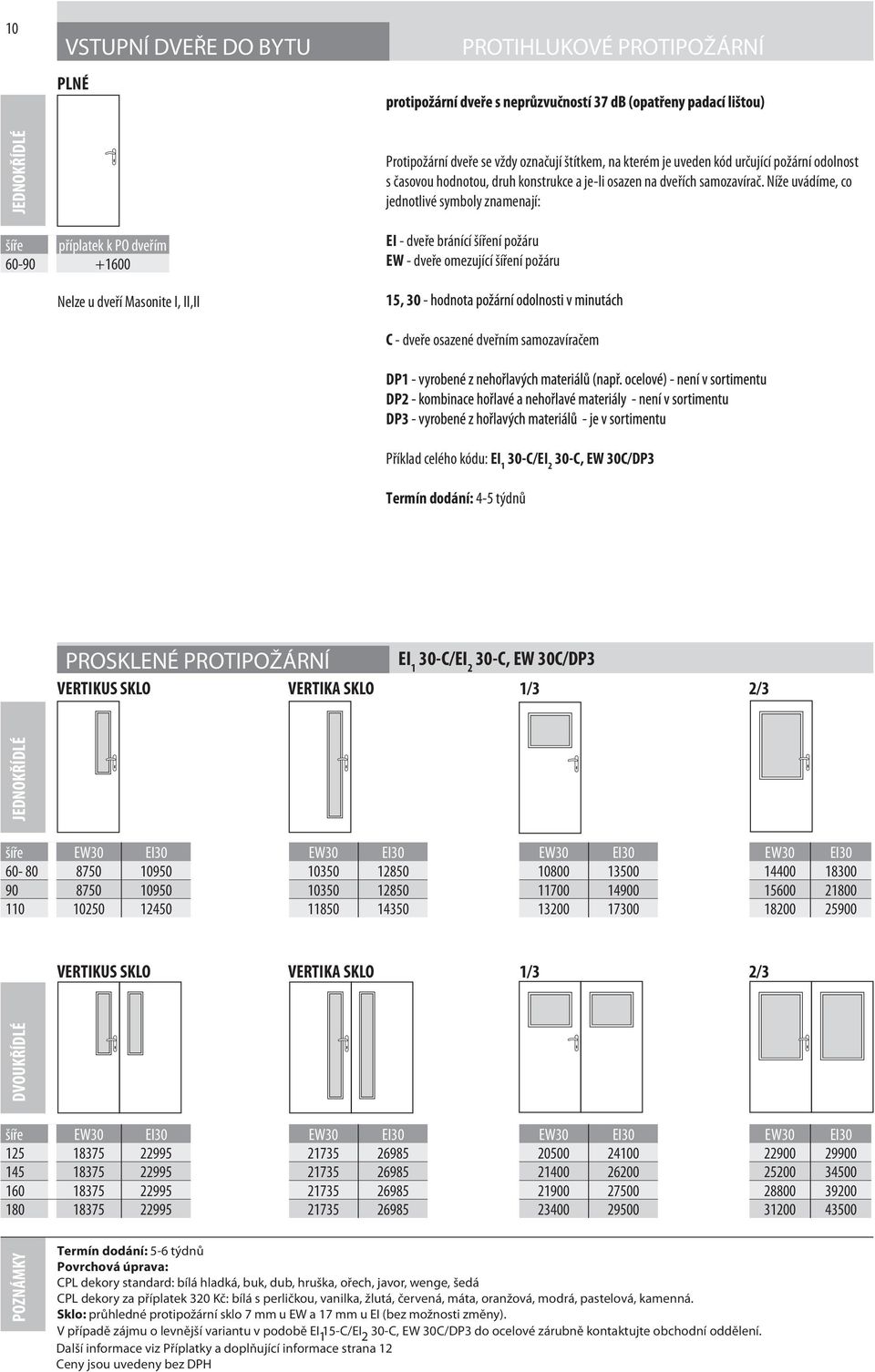 Níže uvádíme, co jednotlivé symboly znamenají: příplatek k PO dveřím 60-90 +1600 Nelze u dveří Masonite I, II,II EI - dveře bránící ní požáru EW - dveře omezující ní požáru 15, 30 C - dveře osazené