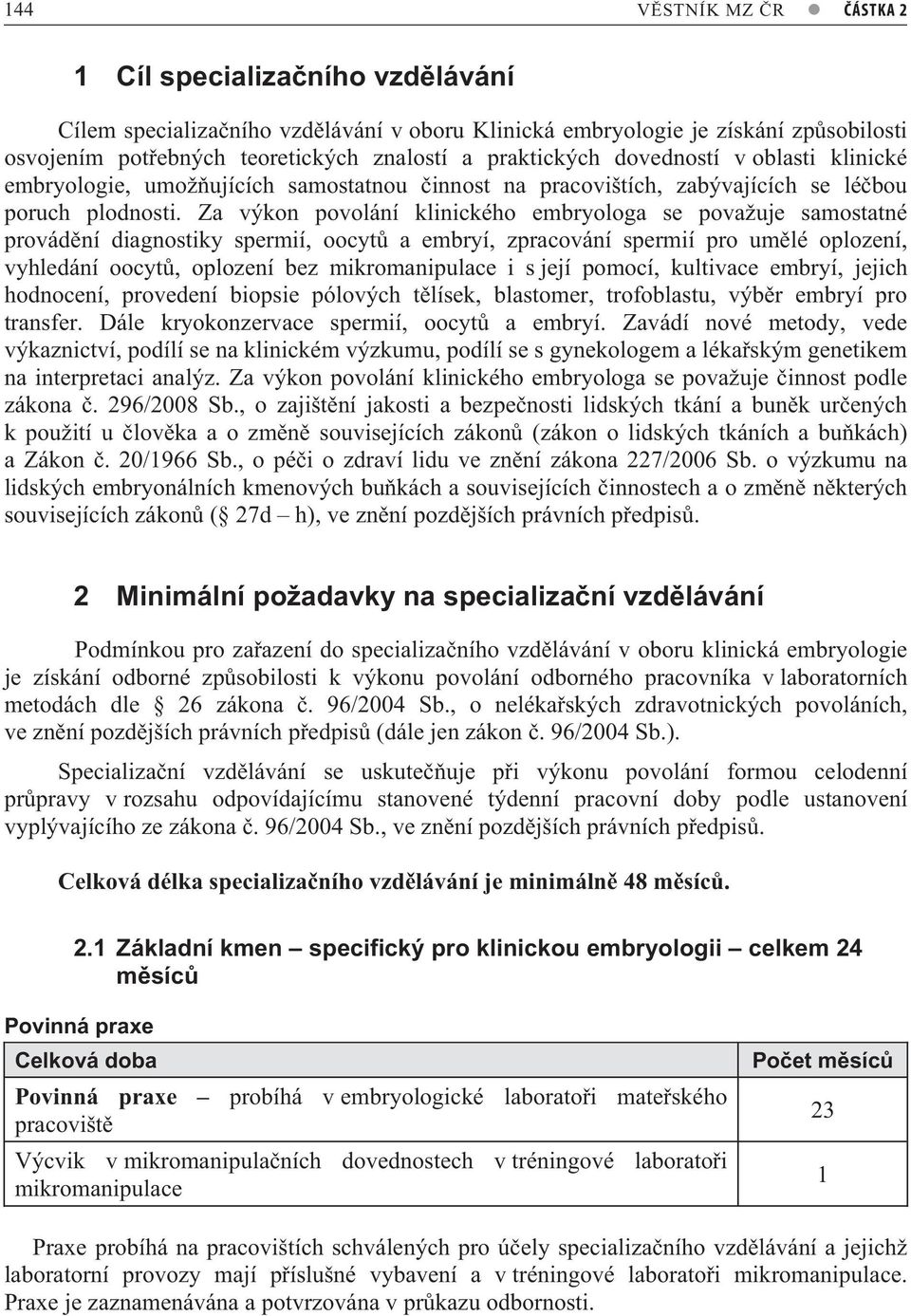 Za výkon povolání klinického embryologa se považuje samostatné provád ní diagnostiky spermií, oocyt a embryí, zpracování spermií pro um lé oplození, vyhledání oocyt, oplození bez mikromanipulace i s