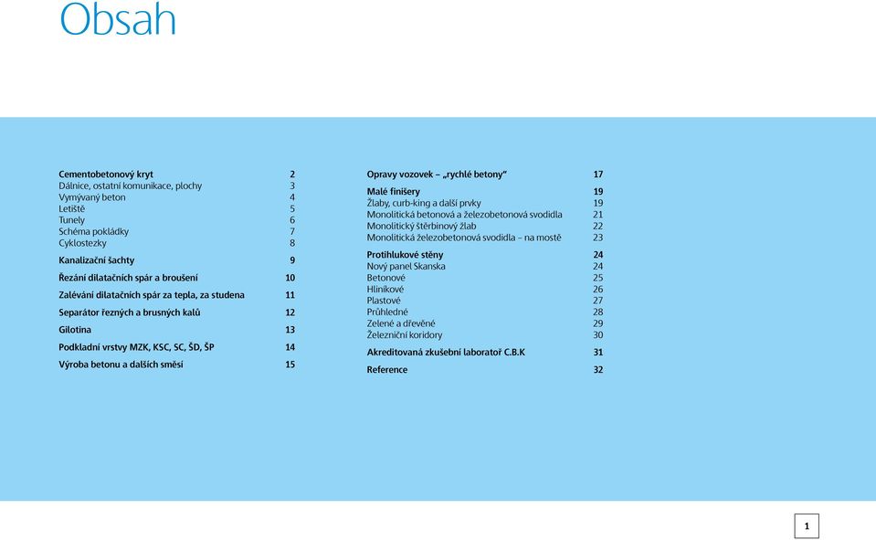 rychlé betony 17 Malé finišery 19 Žlaby, curb-king a další prvky 19 Monolitická betonová a železobetonová svodidla 21 Monolitický štěrbinový žlab 22 Monolitická železobetonová svodidla na