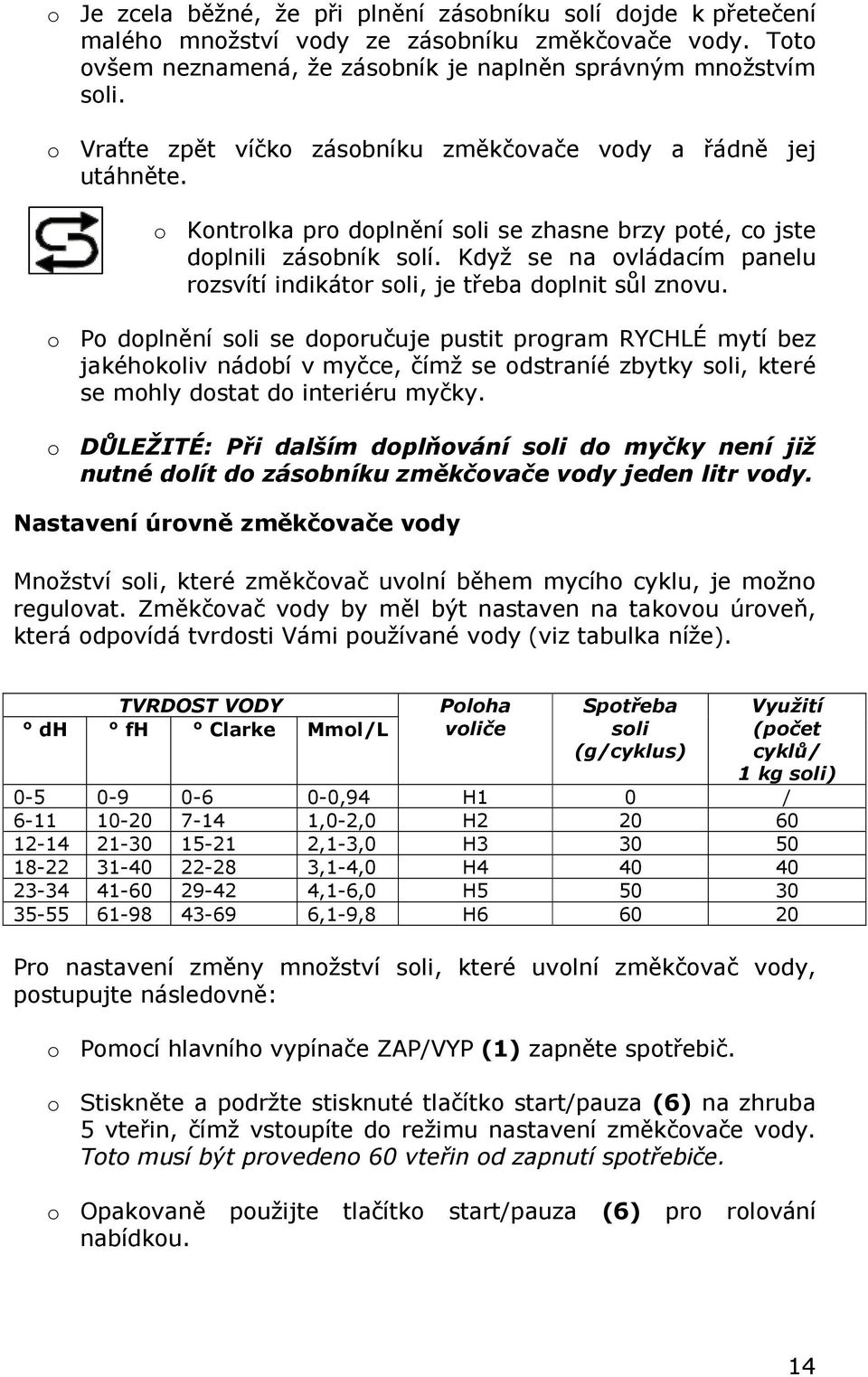 Když se na ovládacím panelu rozsvítí indikátor soli, je třeba doplnit sůl znovu.