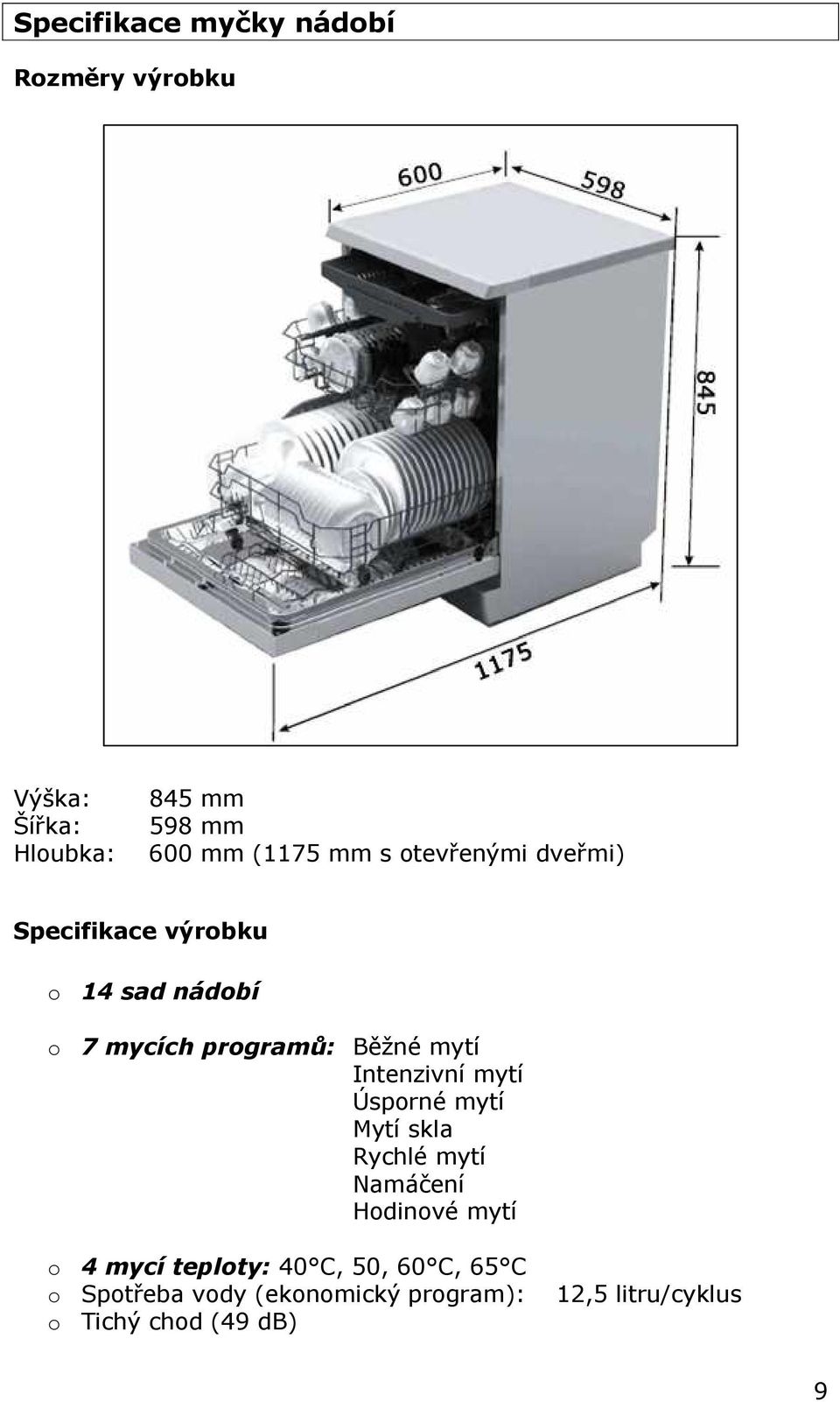 Intenzivní mytí Úsporné mytí Mytí skla Rychlé mytí Namáčení Hodinové mytí o 4 mycí teploty: