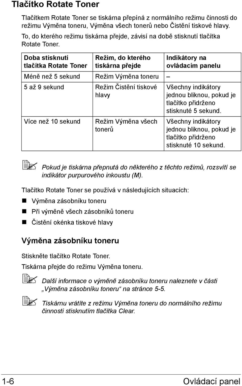 Doba stisknutí tlačítka Rotate Toner Režim, do kterého tiskárna přejde Méně než 5 sekund Režim Výměna toneru 5 až 9 sekund Režim Čistění tiskové hlavy Více než 10 sekund Režim Výměna všech tonerů