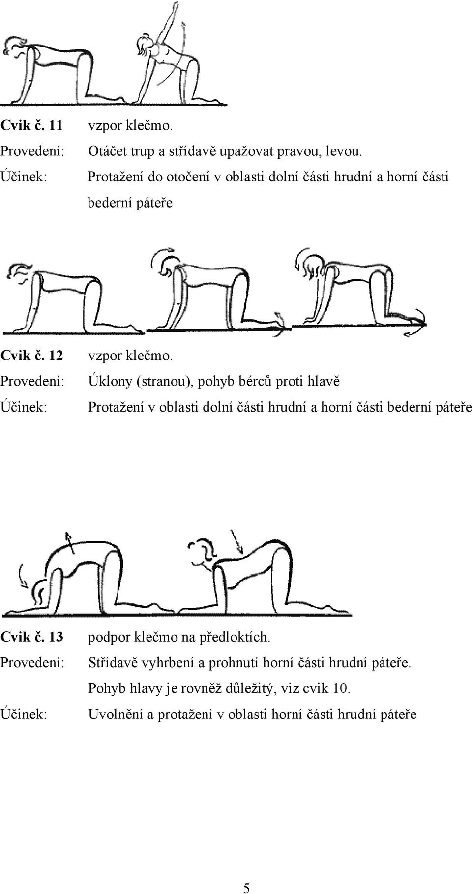 Úklony (stranou), pohyb bérců proti hlavě Protažení v oblasti dolní části hrudní a horní části bederní páteře Cvik č.