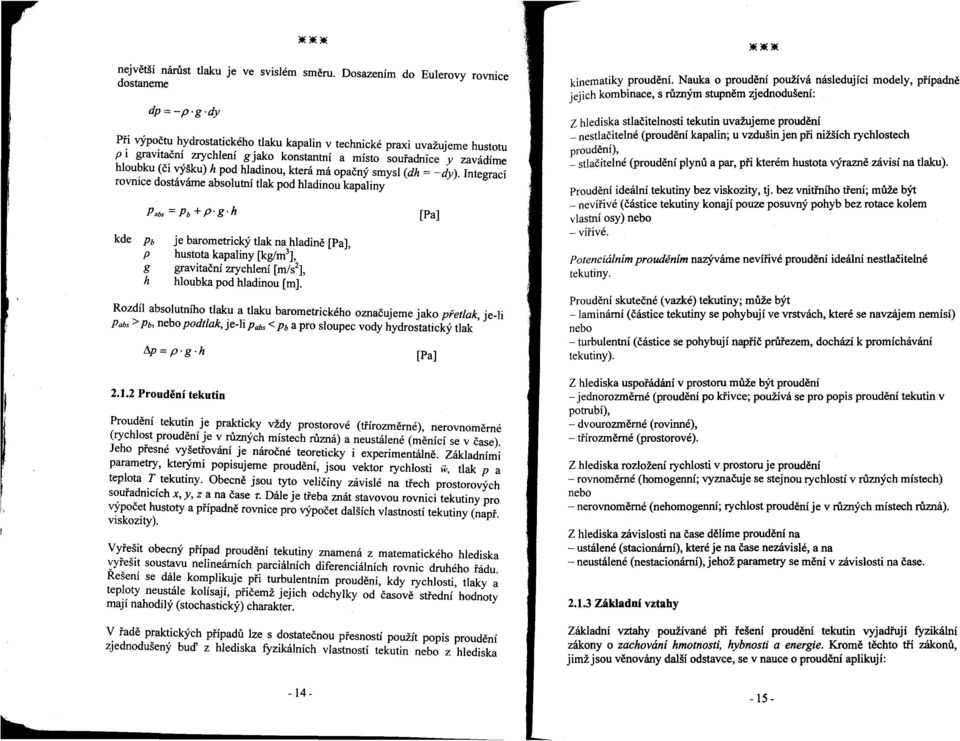 zavádíme hloubku (či výšku) h pod hladinou, která má opačný smysl (dh = -dy). ntegrací rovnice dostáváme absolutní tlak pod hladinou kapaliny kde Pb p g h P.