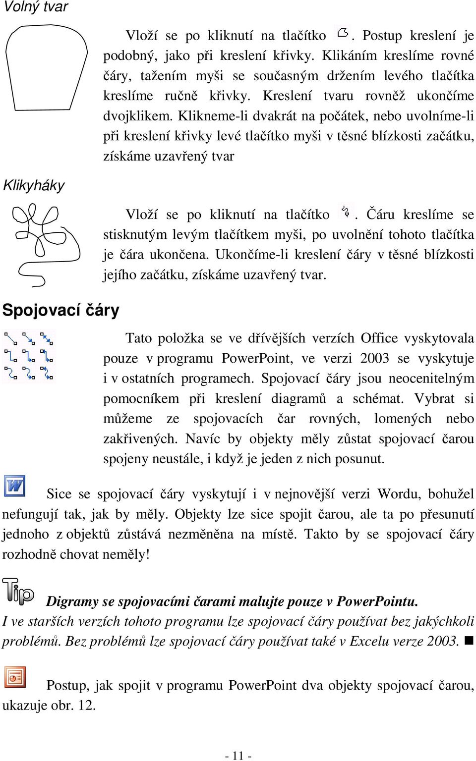 Klikneme-li dvakrát na počátek, nebo uvolníme-li při kreslení křivky levé tlačítko myši v těsné blízkosti začátku, získáme uzavřený tvar Klikyháky Spojovací čáry Vloží se po kliknutí na tlačítko.