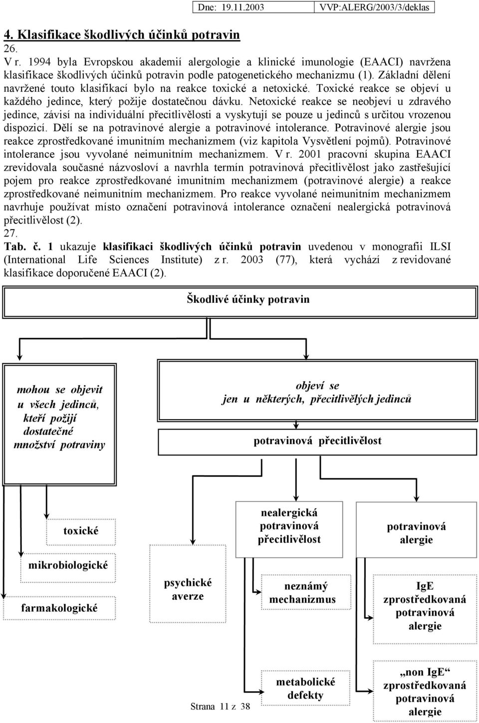 Základní dělení navržené touto klasifikací bylo na reakce toxické a netoxické. Toxické reakce se objeví u každého jedince, který požije dostatečnou dávku.