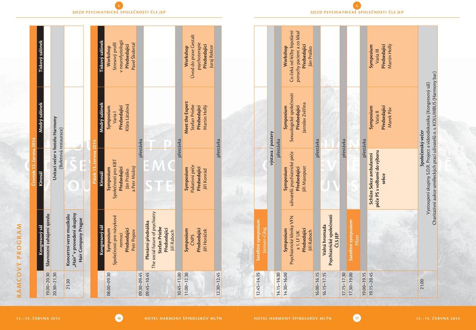 června 2014 Kongresový sál Kinosál Modrý salónek Tiskový salónek Workshop Stresový profil v neurofyziologii Pavel Škobrtal Varia I Klára Látalová Společnosti pro KBT Ján Praško a Petr Možný 08.00 09.