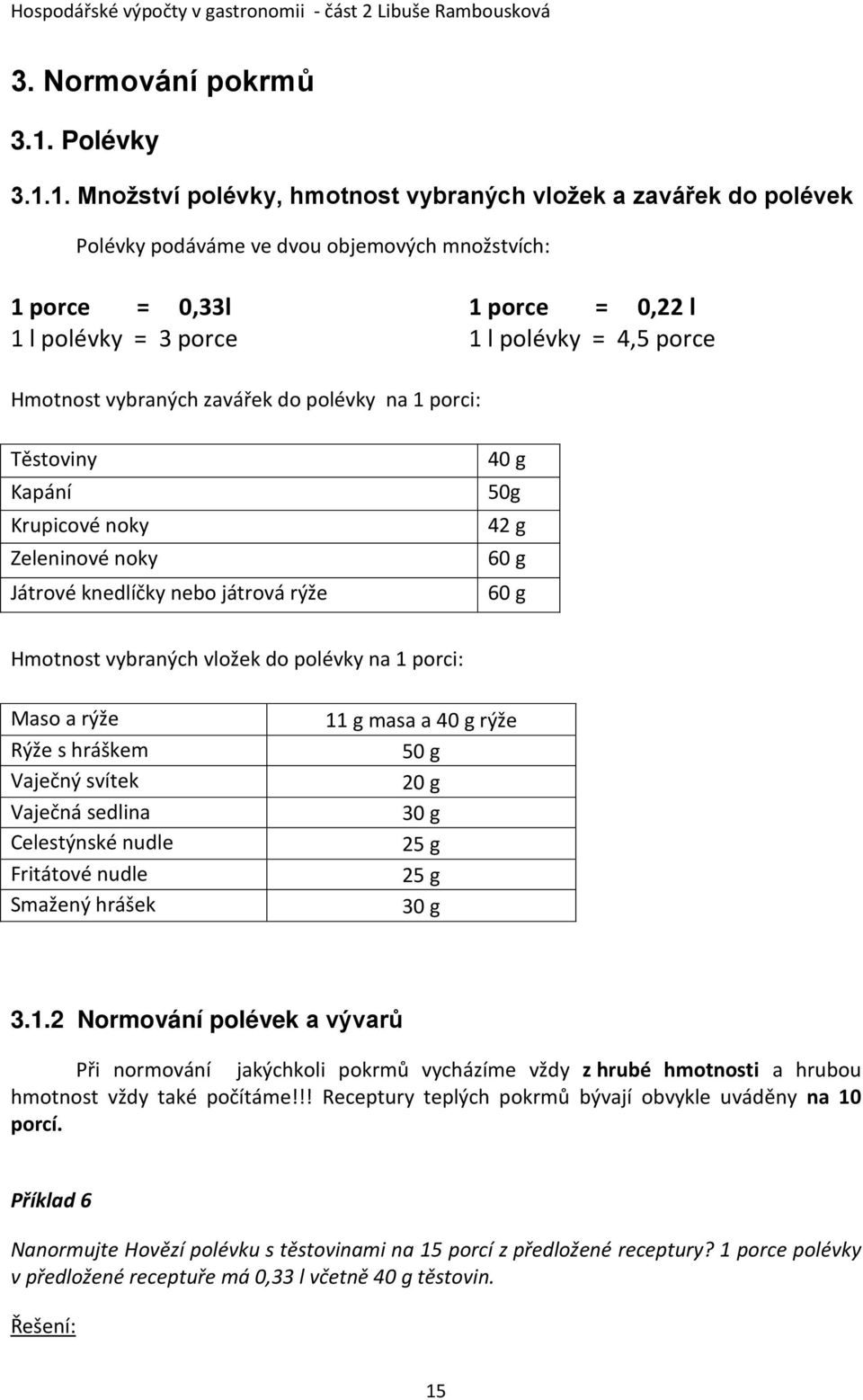 1. Množství polévky, hmotnost vybraných vložek a zavářek do polévek Polévky podáváme ve dvou objemových množstvích: 1 porce = 0,33l 1 porce = 0,22 l 1 l polévky = 3 porce 1 l polévky = 4,5 porce