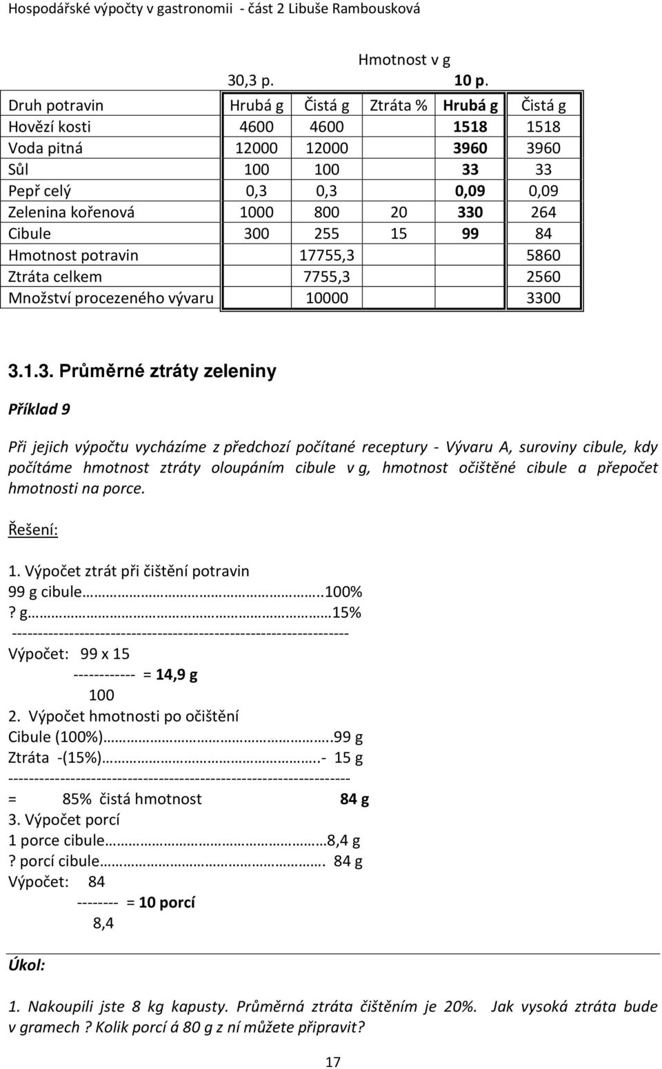 330 264 Cibule 300 255 15 99 84 Hmotnost potravin 17755,3 5860 Ztráta celkem 7755,3 2560 Množství procezeného vývaru 10000 3300 3.1.3. Průměrné ztráty zeleniny Příklad 9 Při jejich výpočtu vycházíme