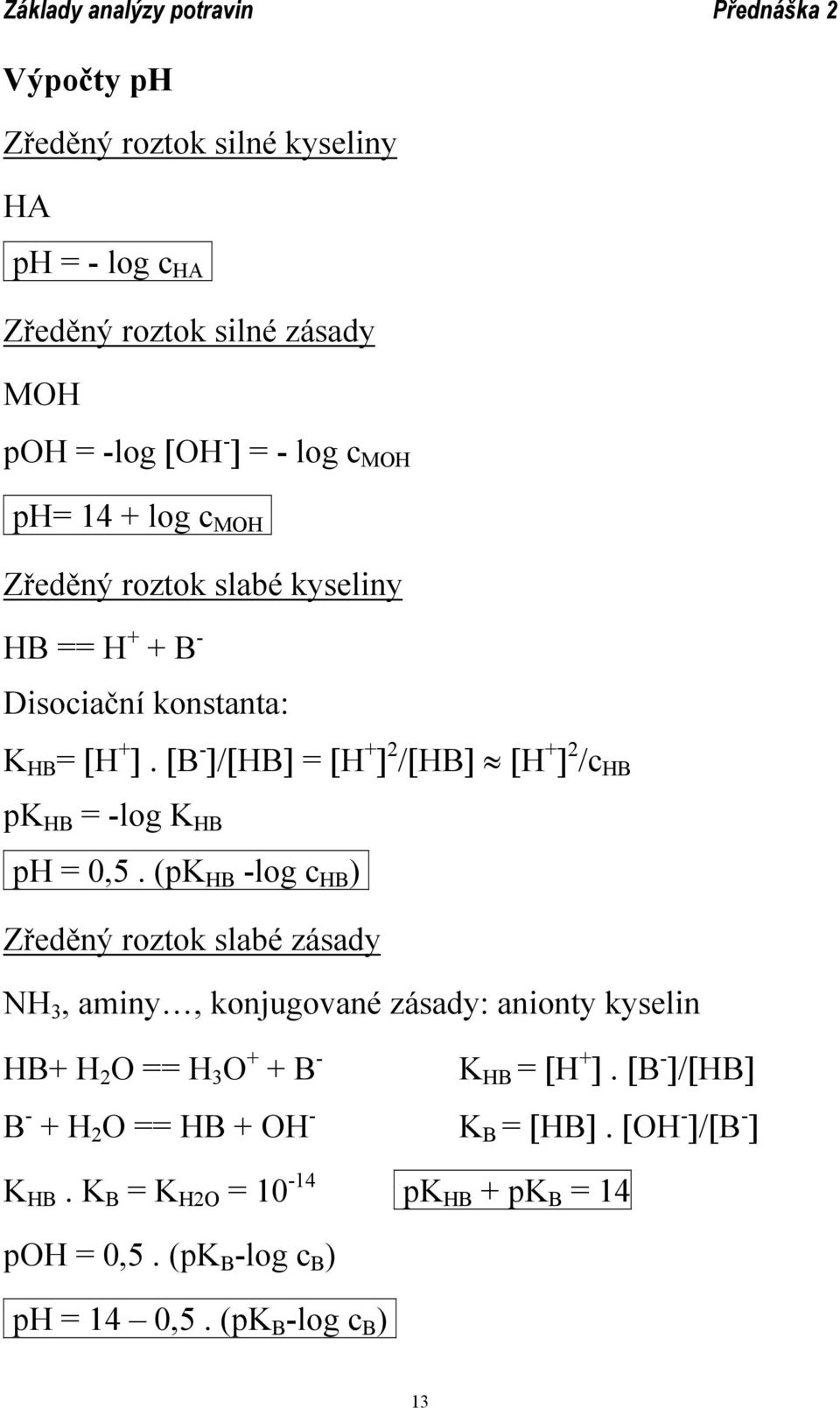 (pk HB -log c HB ) Zředěný roztok slabé zásady NH 3, aminy, konjugované zásady: anionty kyselin HB+ H 2 O == H 3 O + + B - K HB = [H + ].