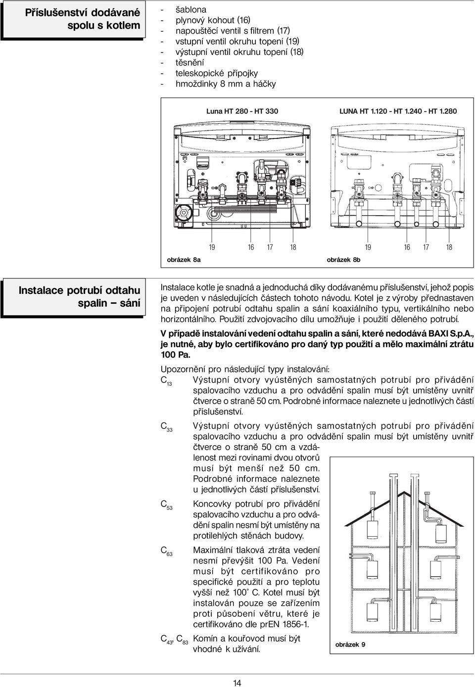 280 obrázek 8a 19 16 17 18 19 16 17 18 obrázek 8b Instalace potrubí odtahu spalin sání Instalace kotle je snadná a jednoduchá díky dodávanému příslušenství, jehož popis je uveden v následujících
