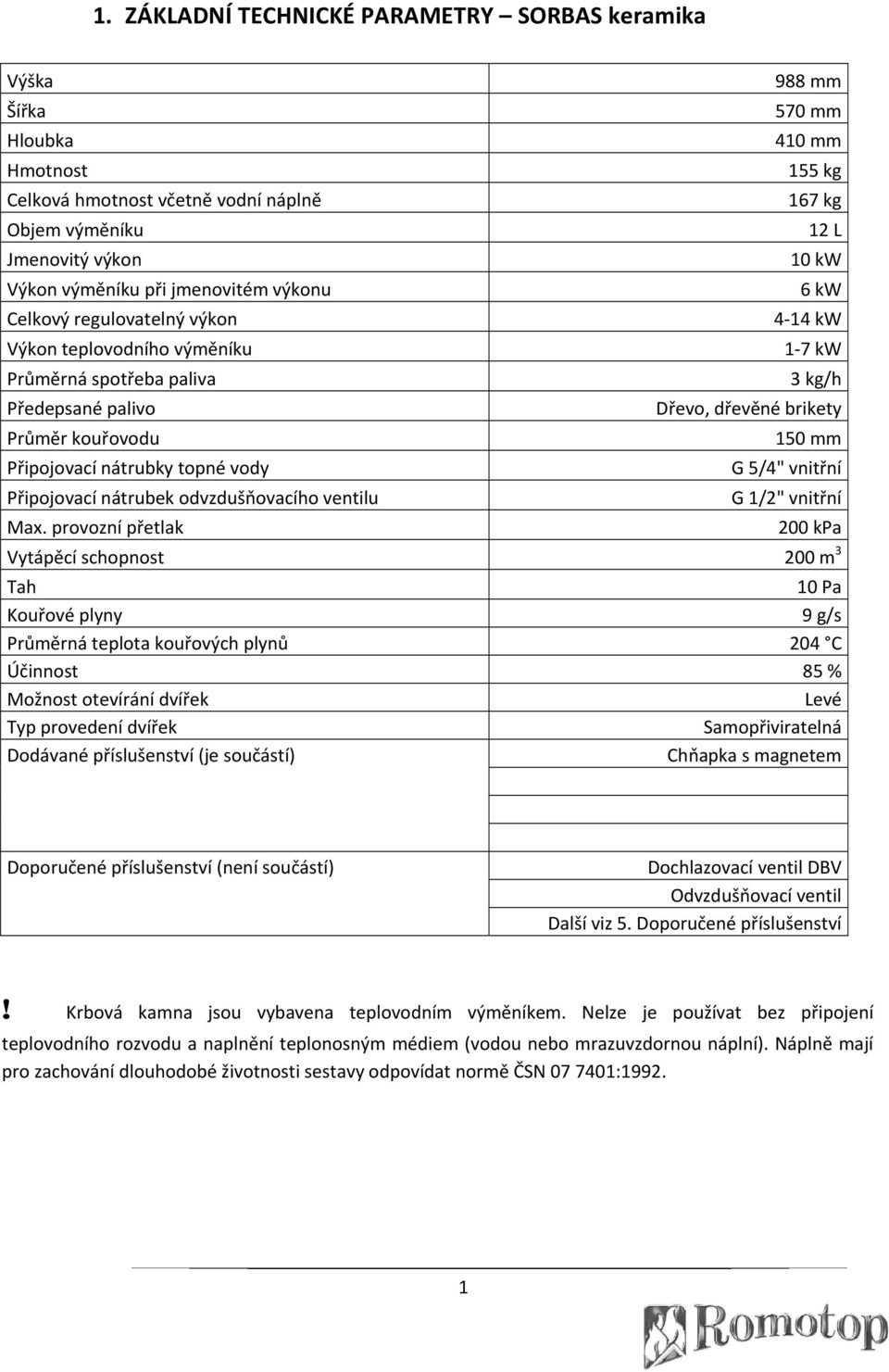 provozní přetlak 988 mm 570 mm 410 mm 155 kg 167 kg 12 L 10 kw 6 kw 4 14 kw 1 7 kw 3 kg/h Dřevo, dřevěné brikety 150 mm G 5/4" vnitřní G 1/2" vnitřní 200 kpa Vytápěcí schopnost 200 m 3 Tah 10 Pa