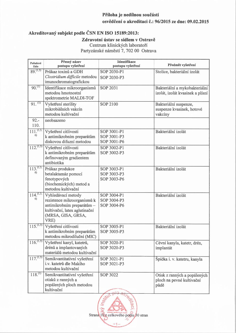 mikroorganismů SOP 2031 Bakteriální a mykobakteriální metodou hmotnostní izolát, izolát kvasinek a plísní spektrometrie MALDI-TOF Vyšetření sterility SOP 2100 Bakteriální suspenze, mikrobiálních