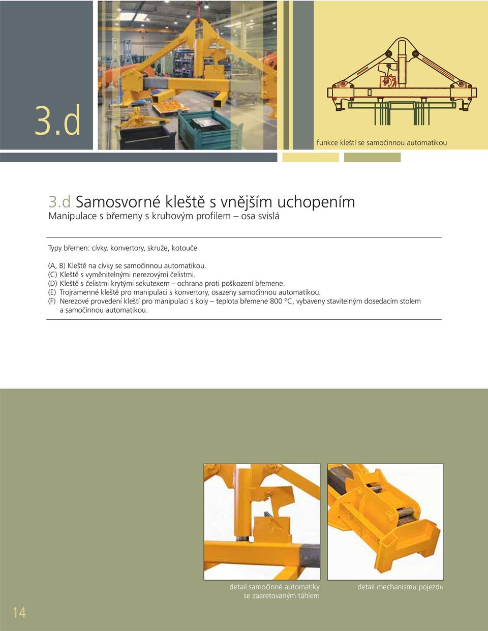 se samočinnou automatikou. (C) Kleště s vyměnitelnými nerezovými čelistmi. (D) Kleště s čelistmi krytými sekutexem ochrana proti poškození břemene.