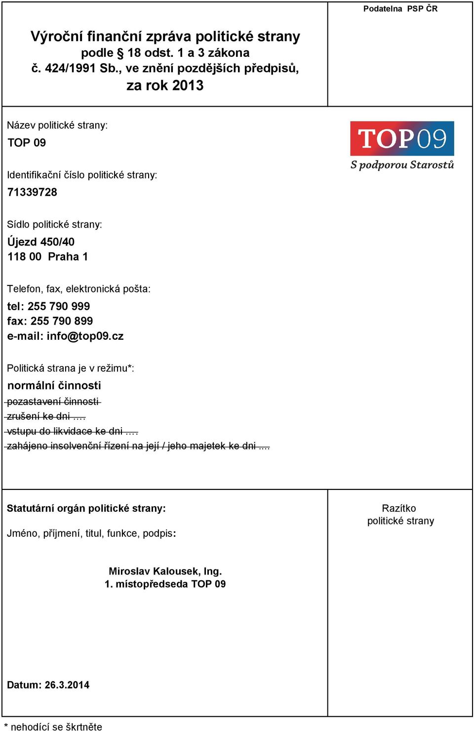 Telefon, fax, elektronická pošta: tel: 255 790 999 fax: 255 790 899 e-mail: info@top09.cz Politická strana je v režimu*: normální činnosti pozastavení činnosti zrušení ke dni.