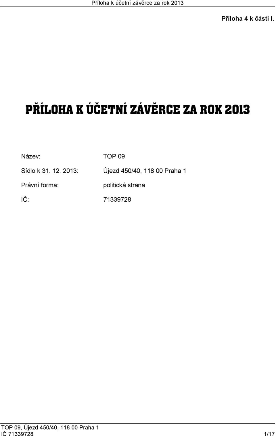 12. 2013: Újezd 450/40, 118 00 Praha 1 Právní forma: politická