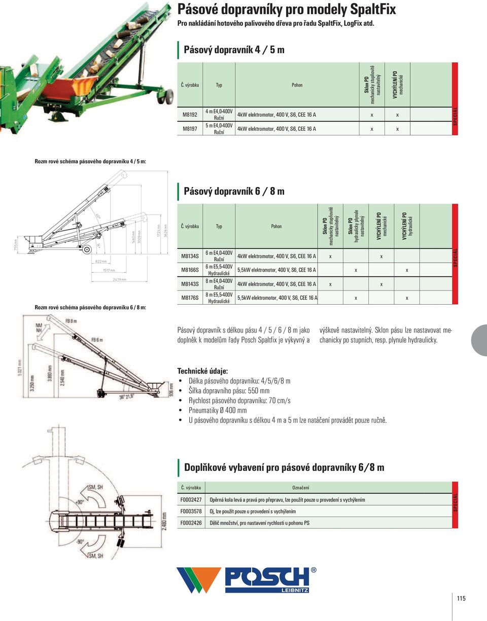 elektromotor, 400 V, S6, CEE 16 A x x Rozm rové schéma pásového dopravníku 4 / 5 m: Pásový dopravník 6 / 8 m Sklon PD mechanicky stupňovitě nastavitelný Sklon PD hydraulicky plynule nastavitelný