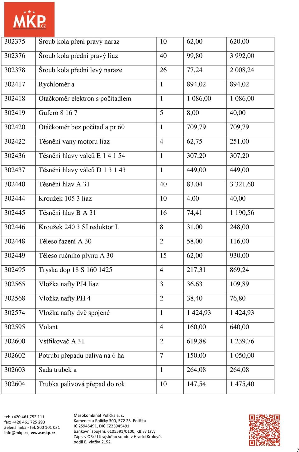 Těsnění hlavy valců E 1 4 1 54 1 307,20 307,20 302437 Těsnění hlavy válců D 1 3 1 43 1 449,00 449,00 302440 Těsnění hlav A 31 40 83,04 3 321,60 302444 Kroužek 105 3 liaz 10 4,00 40,00 302445 Těsnění