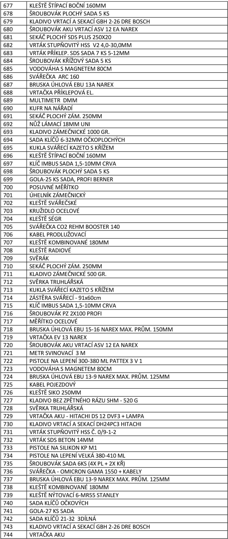 SDS SADA 7 KS 5-12MM 684 ŠROUBOVÁK KŘÍŽOVÝ SADA 5 KS 685 VODOVÁHA S MAGNETEM 80CM 686 SVÁŘEČKA ARC 160 687 BRUSKA ÚHLOVÁ EBU 13A NAREX 688 VRTAČKA PŘÍKLEPOVÁ EL.