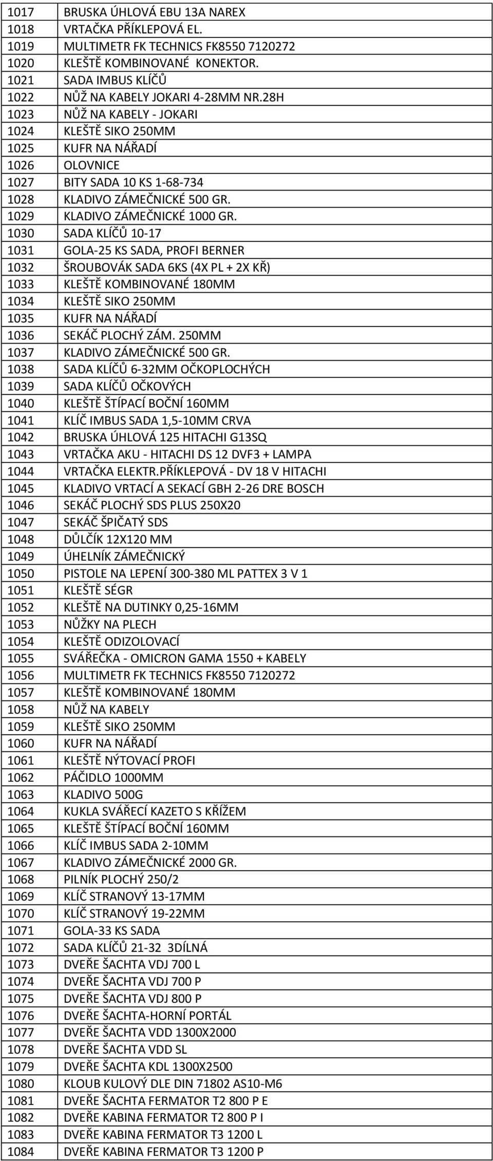1030 SADA KLÍČŮ 10-17 1031 GOLA-25 KS SADA, PROFI BERNER 1032 ŠROUBOVÁK SADA 6KS (4X PL + 2X KŘ) 1033 KLEŠTĚ KOMBINOVANÉ 180MM 1034 KLEŠTĚ SIKO 250MM 1035 KUFR NA NÁŘADÍ 1036 SEKÁČ PLOCHÝ ZÁM.