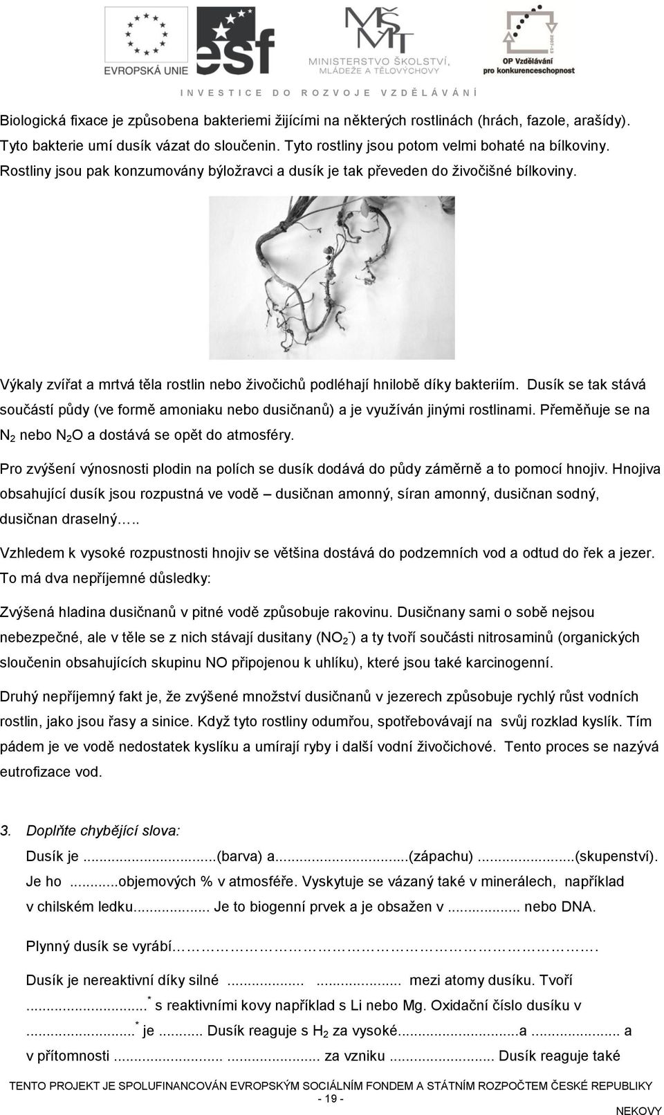 Dusík se tak stává součástí půdy (ve formě amoniaku nebo dusičnanů) a je využíván jinými rostlinami. Přeměňuje se na N 2 nebo N 2 O a dostává se opět do atmosféry.