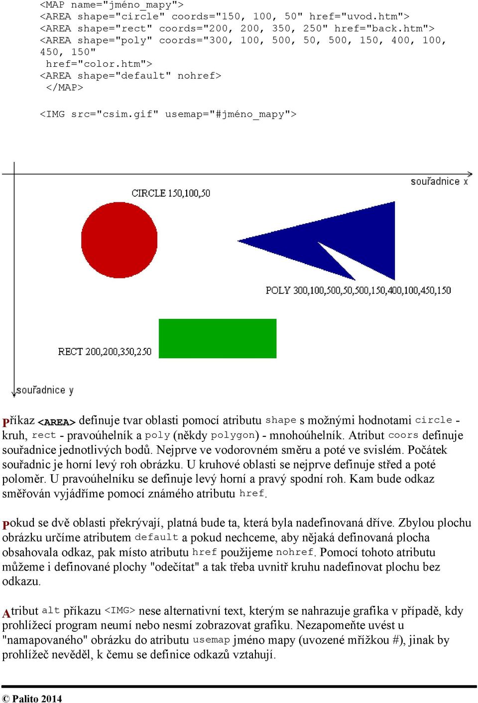 gif" usemap="#jméno_mapy"> Příkaz <AREA> definuje tvar oblasti pomocí atributu shape s možnými hodnotami circle - kruh, rect - pravoúhelník a poly (někdy polygon) - mnohoúhelník.