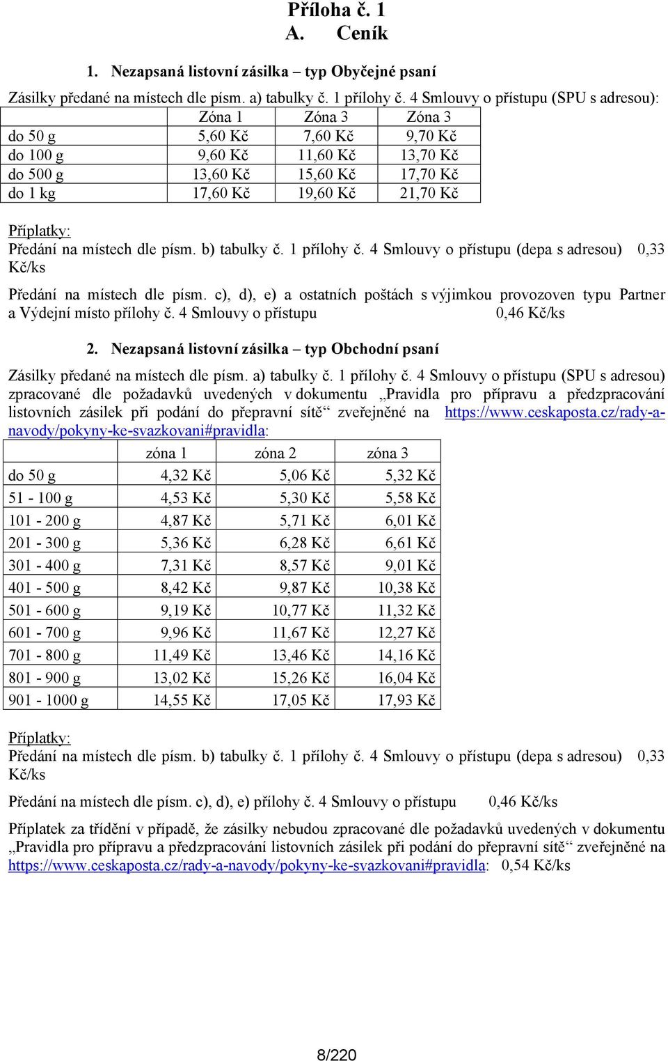 Příplatky: Předání na místech dle písm. b) tabulky č. 1 přílohy č. 4 Smlouvy o přístupu (depa s adresou) 0,33 Kč/ks Předání na místech dle písm.