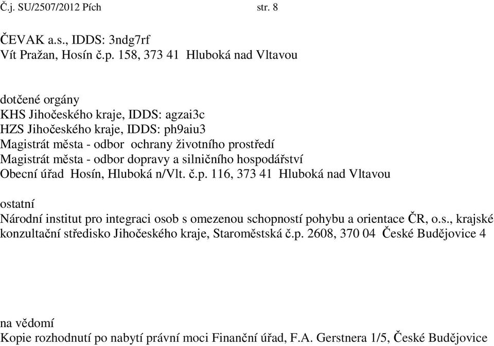 prostředí Magistrát města - odbor dopravy a silničního hospodářství Obecní úřad Hosín, Hluboká n/vlt. č.p. 116, 373 41 Hluboká nad Vltavou ostatní Národní institut pro integraci osob s omezenou schopností pohybu a orientace ČR, o.