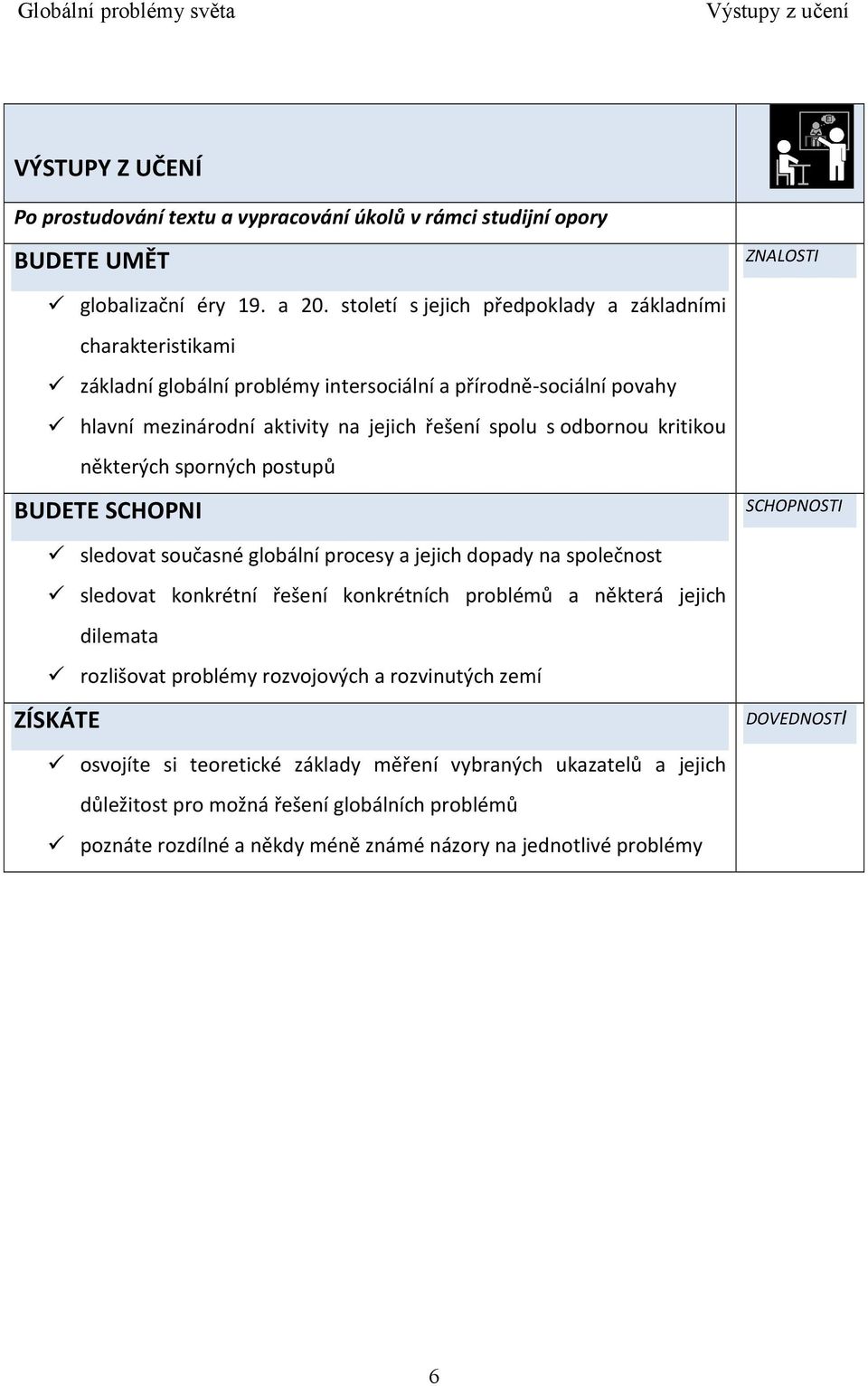 kritikou některých sporných postupů BUDETE SCHOPNI SCHOPNOSTI sledovat současné globální procesy a jejich dopady na společnost sledovat konkrétní řešení konkrétních problémů a některá jejich