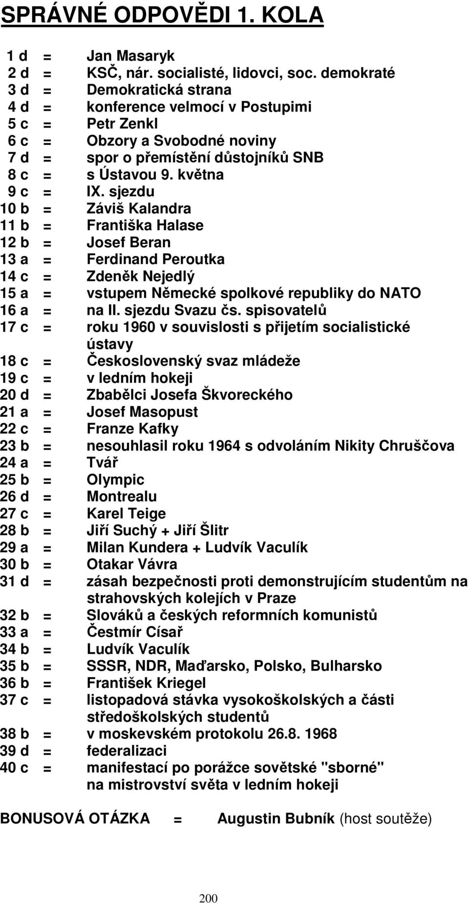 sjezdu 10 b = Záviš Kalandra 11 b = Františka Halase 12 b = Josef Beran 13 a = Ferdinand Peroutka 14 c = Zdeněk Nejedlý 15 a = vstupem Německé spolkové republiky do NATO 16 a = na II. sjezdu Svazu čs.