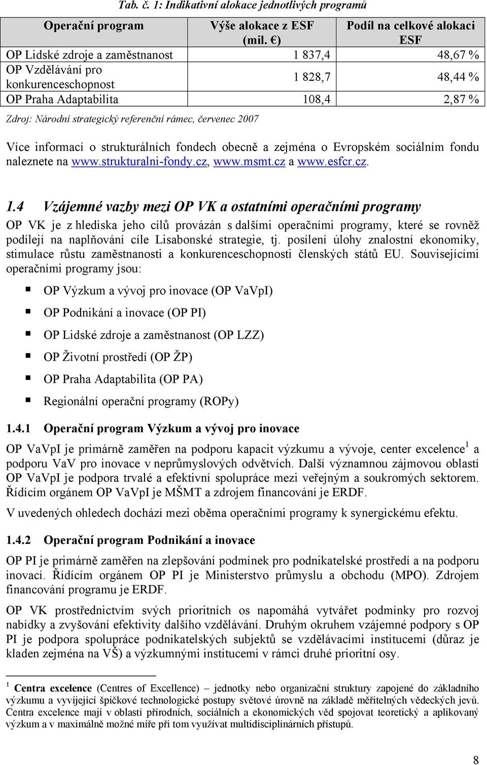 referenční rámec, červenec 2007 Více informací o strukturálních fondech obecně a zejména o Evropském sociálním fondu naleznete na www.strukturalni-fondy.cz, www.msmt.cz a www.esfcr.cz. 1.