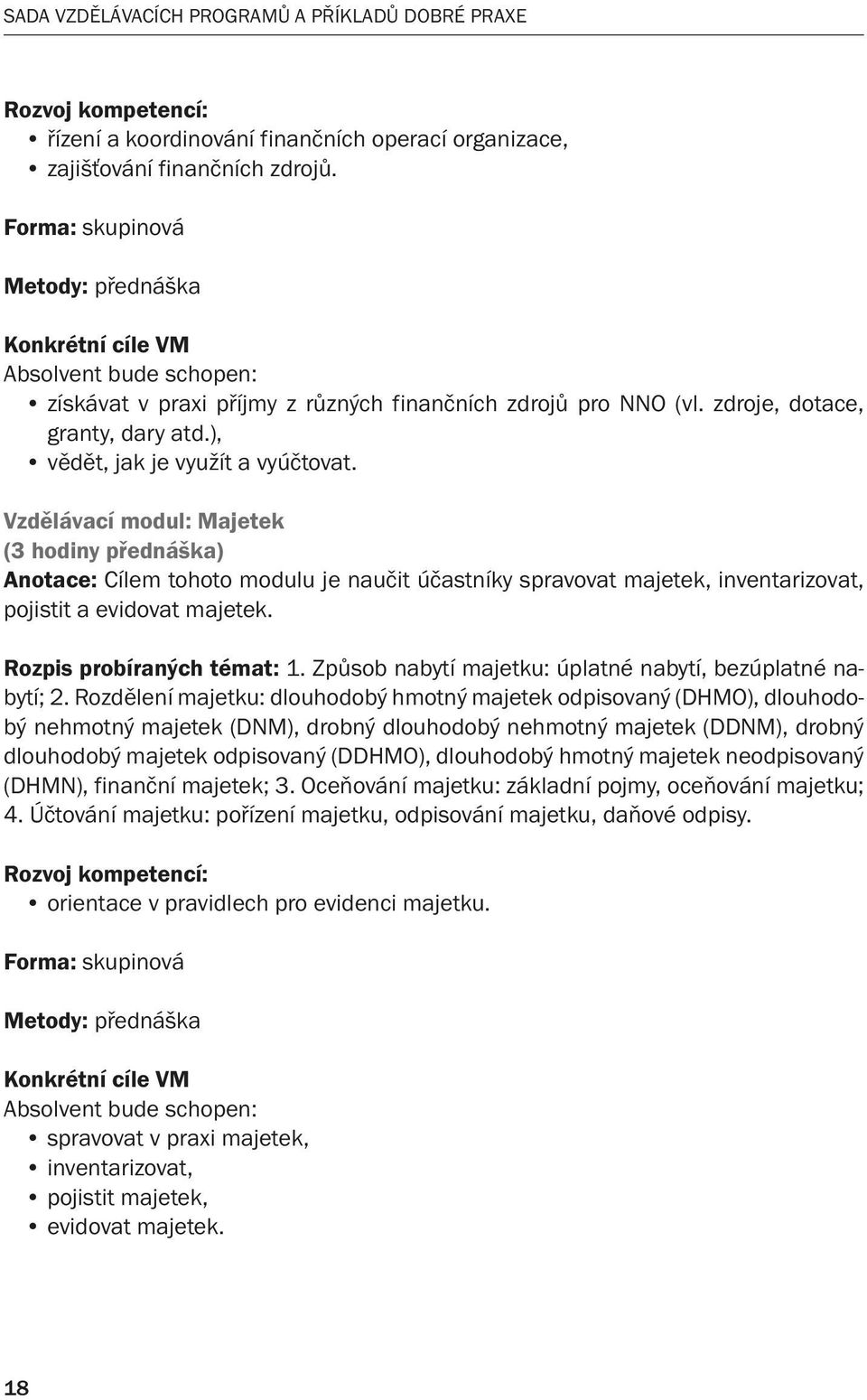 ), vědět, jak je využít a vyúčtovat. Vzdělávací modul: Majetek (3 hodiny přednáška) Anotace: Cílem tohoto modulu je naučit účastníky spravovat majetek, inventarizovat, pojistit a evidovat majetek.