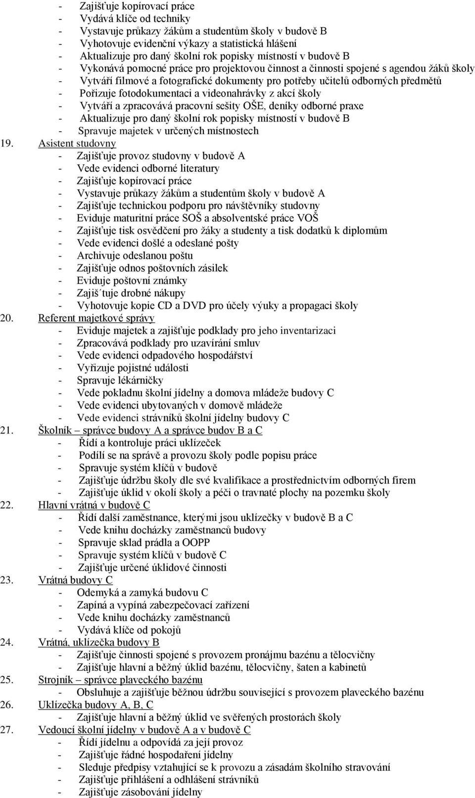 - Pořizuje fotodokumentaci a videonahrávky z akcí školy - Vytváří a zpracovává pracovní sešity OŠE, deníky odborné praxe - Aktualizuje pro daný školní rok popisky místností v budově B - Spravuje