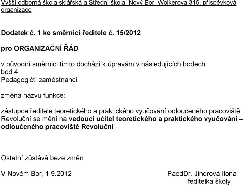 funkce: zástupce ředitele teoretického a praktického vyučování odloučeného pracoviště Revoluční se mění na vedoucí učitel teoretického a