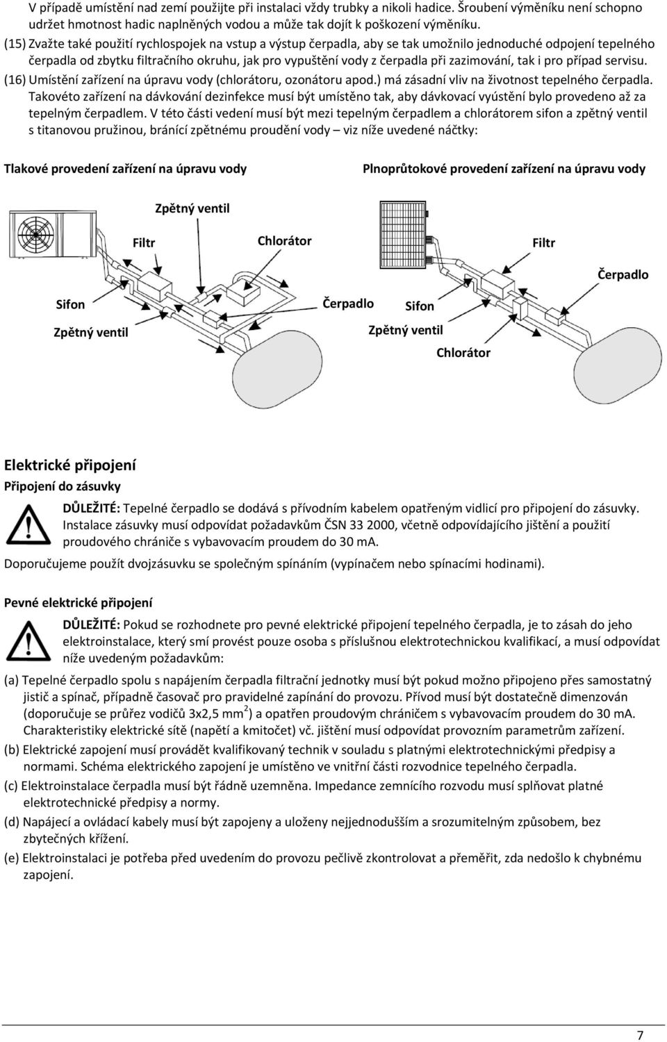 zazimování, tak i pro případ servisu. (16) Umístění zařízení na úpravu vody (chlorátoru, ozonátoru apod.) má zásadní vliv na životnost tepelného čerpadla.