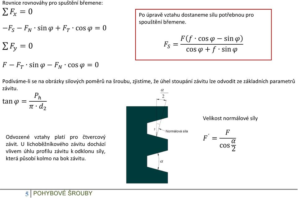 odvodit ze základních parametrů závitu. tan = Velikost normálové síly Odvozené vztahy platí pro čtvercový závit.