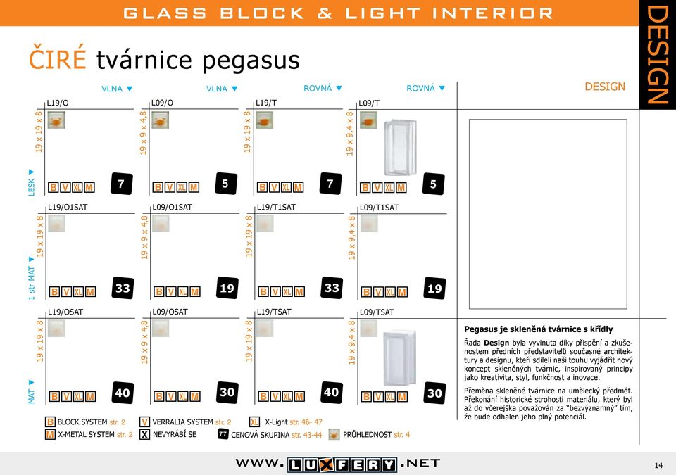 46-47 40 30 Pegasus je skleněná tvárnice s křídly Řada Design byla vyvinuta díky přispění a zkušenostem předních představitelů současné architektury a designu, kteří sdíleli naši touhu