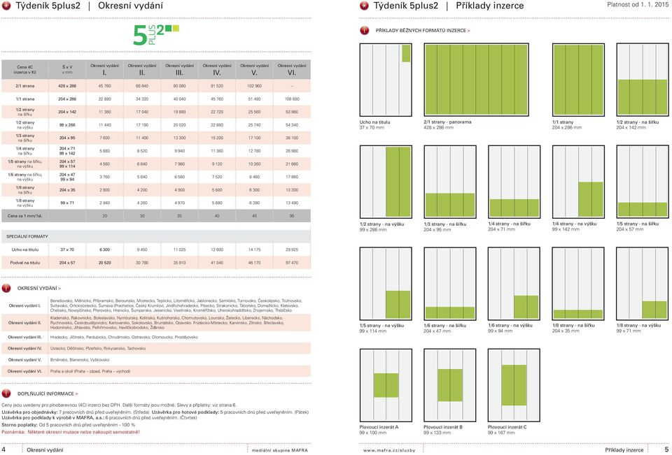 strany na výšku 99 x 286 11 440 17 160 20 020 22 880 25 740 54 340 Ucho na titulu 37 x 70 mm 2/1 strany - panorama 428 x 286 mm 1/1 strany 204 x 286 mm 1/2 strany - na šířku 204 x 142 mm 1/3 strany
