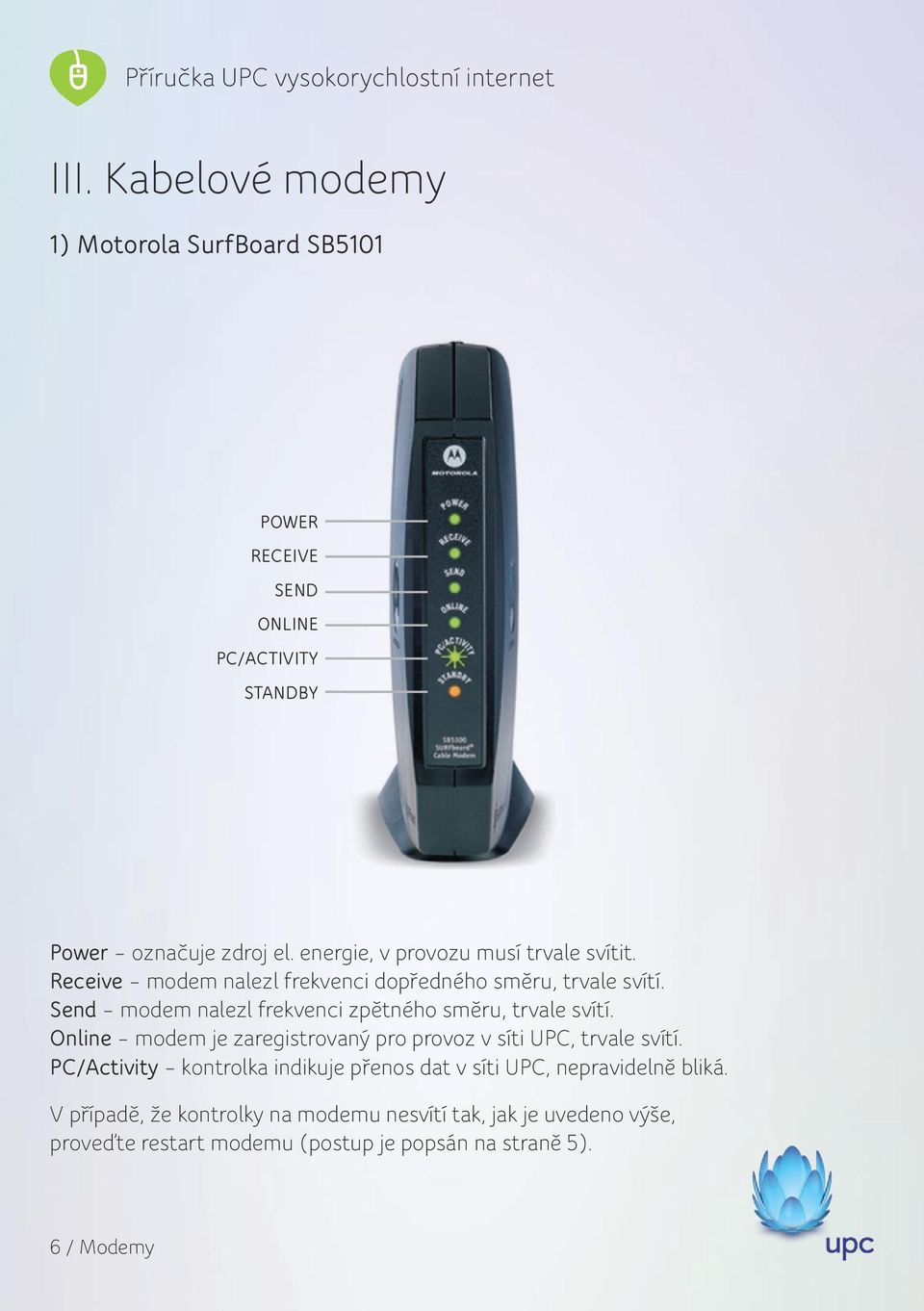 Send modem nalezl frekvenci zpětného směru, trvale svítí. Online modem je zaregistrovaný pro provoz v síti UPC, trvale svítí.